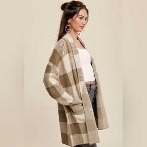 Love Stitch The Michele Gingham Shawl Cardigan Tan Taupe Open Front Size Medium